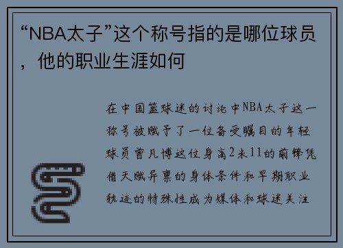 “NBA太子”这个称号指的是哪位球员，他的职业生涯如何